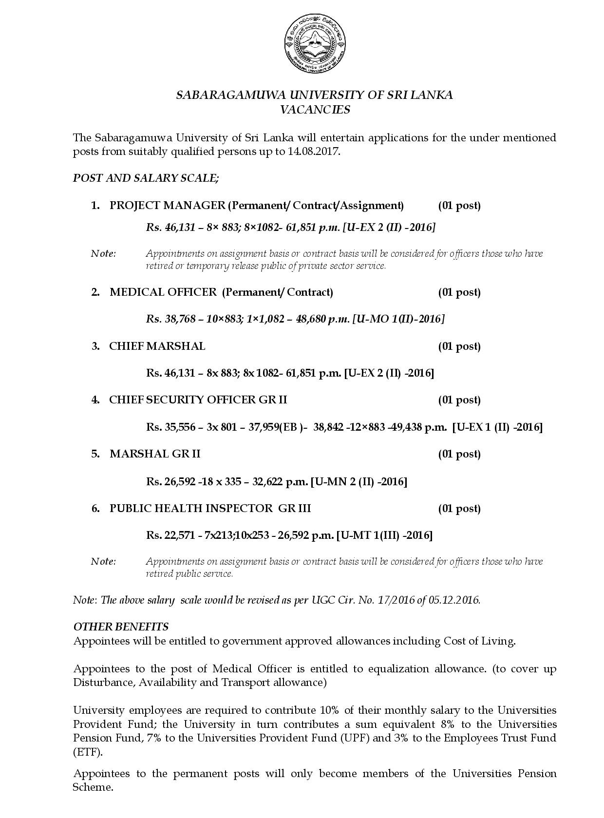 Project Manager, Medical Officer, Chief Marshal, Chief Security Officer, Marshal, Public Health Inspector - Sabaragamuwa University of Sri Lanka